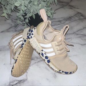 adidas Beige Athletic Sneakers with Blue Leopard Accents
